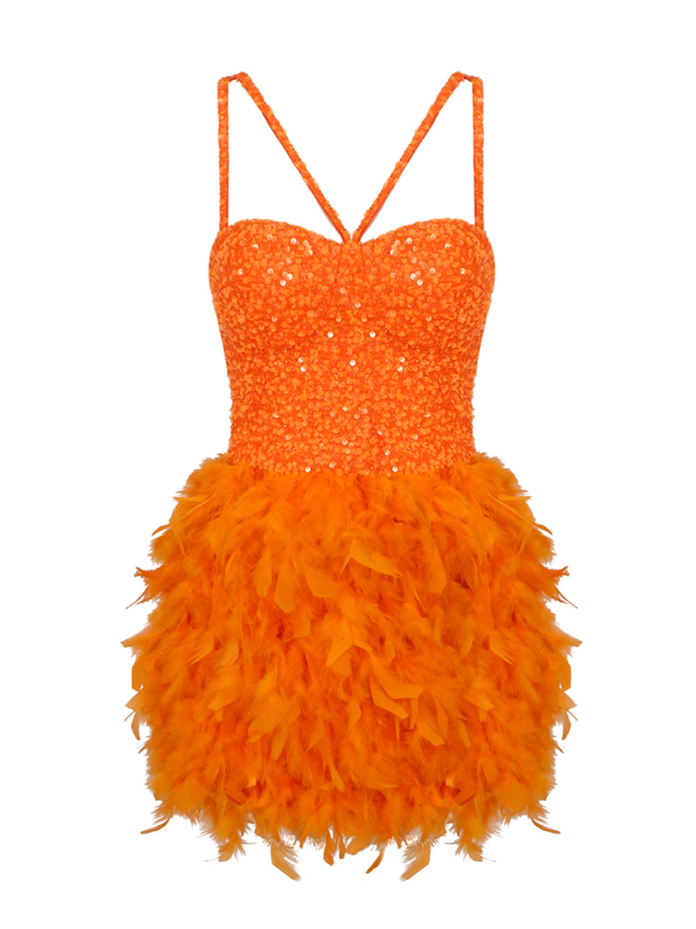 Sequin Sweetheart Cross Strap Feather Skirt Mini Dress