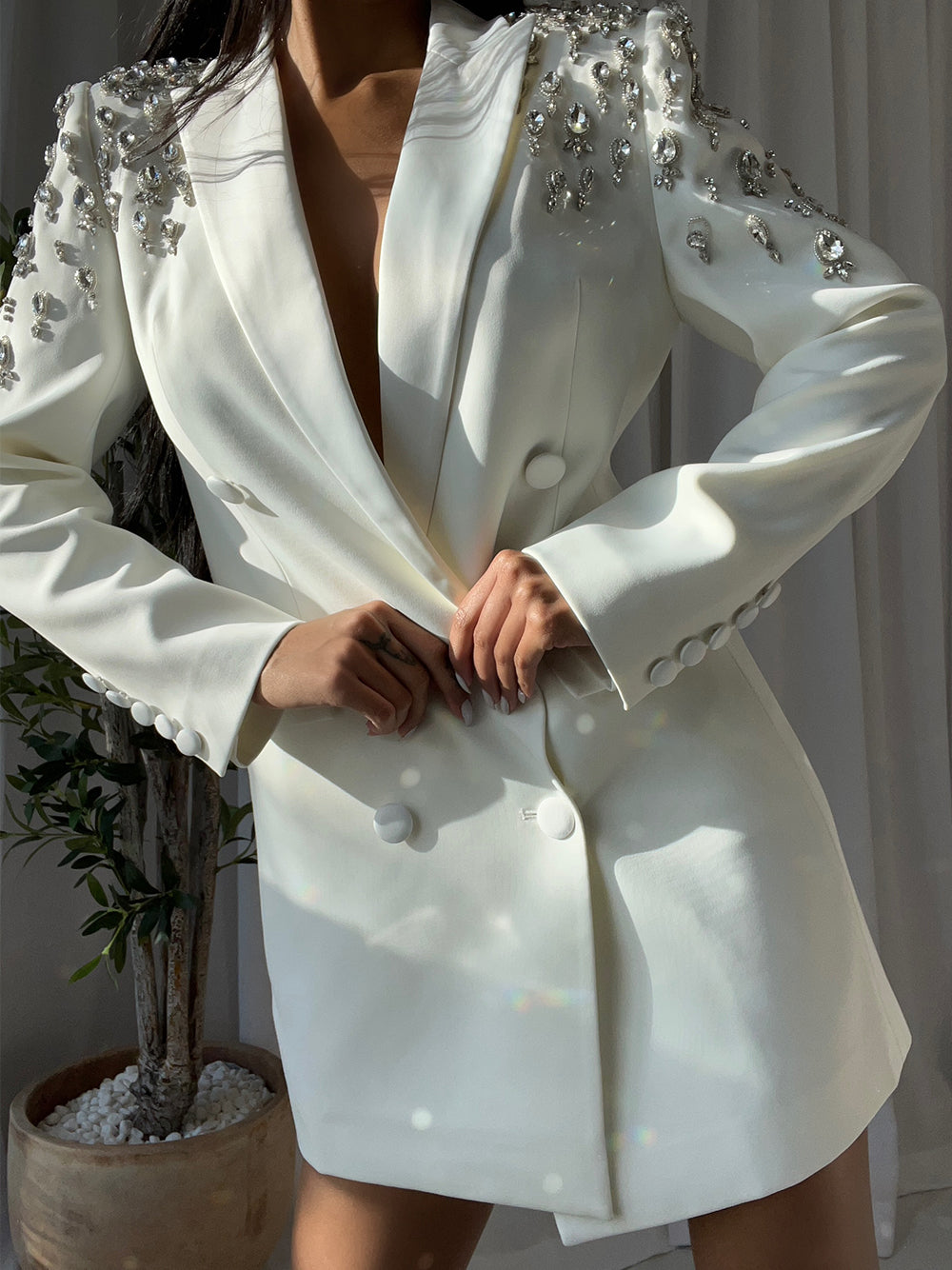Rhinestone Crystal Embellished Peaked Lapel Blazer Mini Dress - View 2
