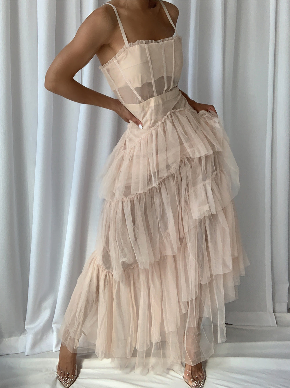 Tulle Corset Bodice Chevron Tiered Ruffle Spaghetti Strap Maxi Gown - View 2