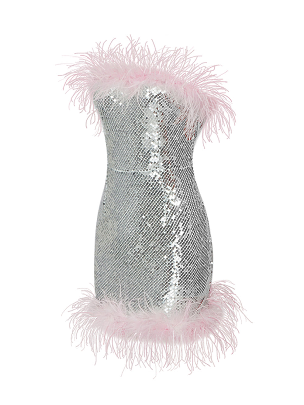Sequin Strapless Feather Trim Bodycon Mini Dress in Silver - View 3
