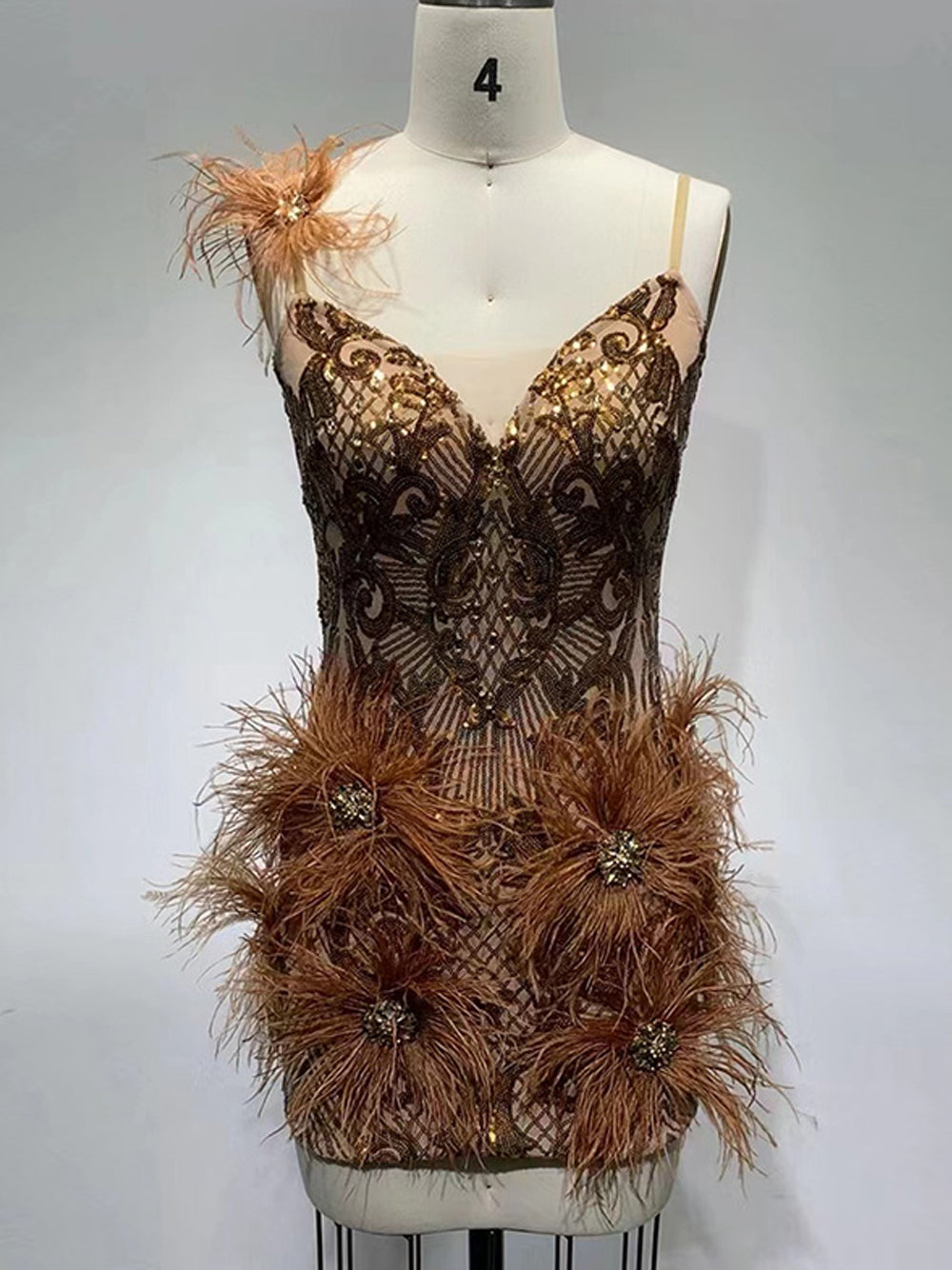 Sequin Deep V-Neck Feather Trim Bodycon Mini Dress - View 11