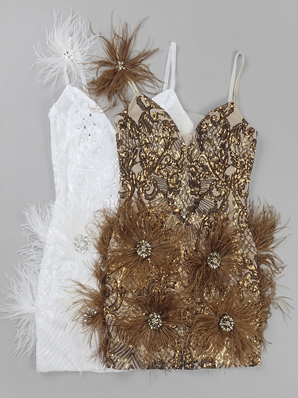 Sequin Deep V-Neck Feather Trim Bodycon Mini Dress - View 5