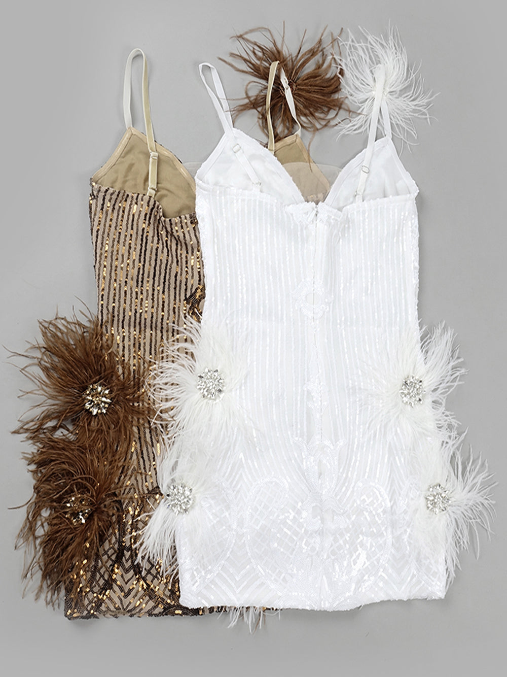 Sequin Deep V-Neck Feather Trim Bodycon Mini Dress - View 6