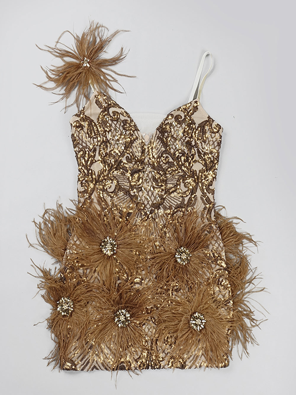 Sequin Deep V-Neck Feather Trim Bodycon Mini Dress - View 7