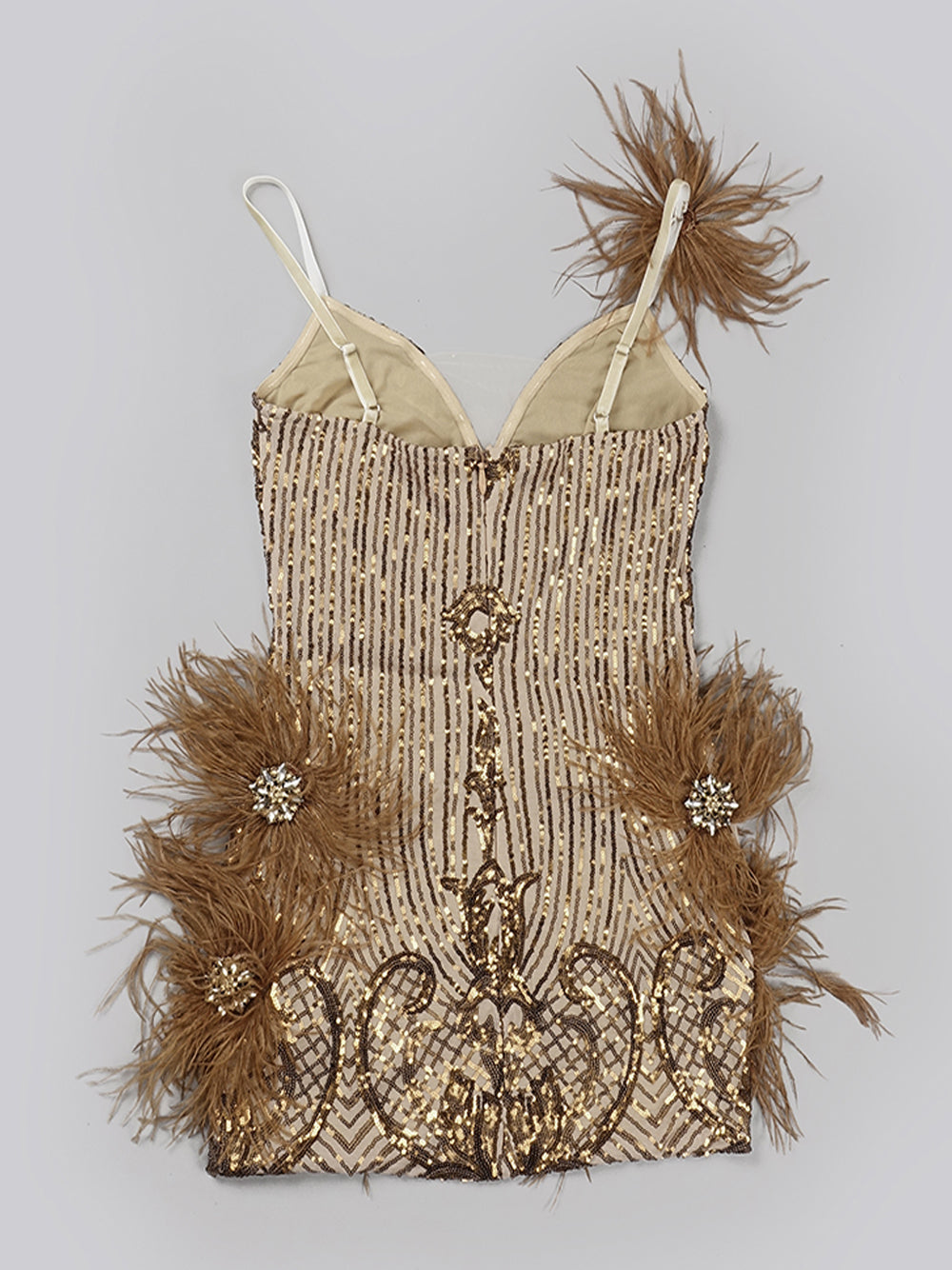 Sequin Deep V-Neck Feather Trim Bodycon Mini Dress - View 8