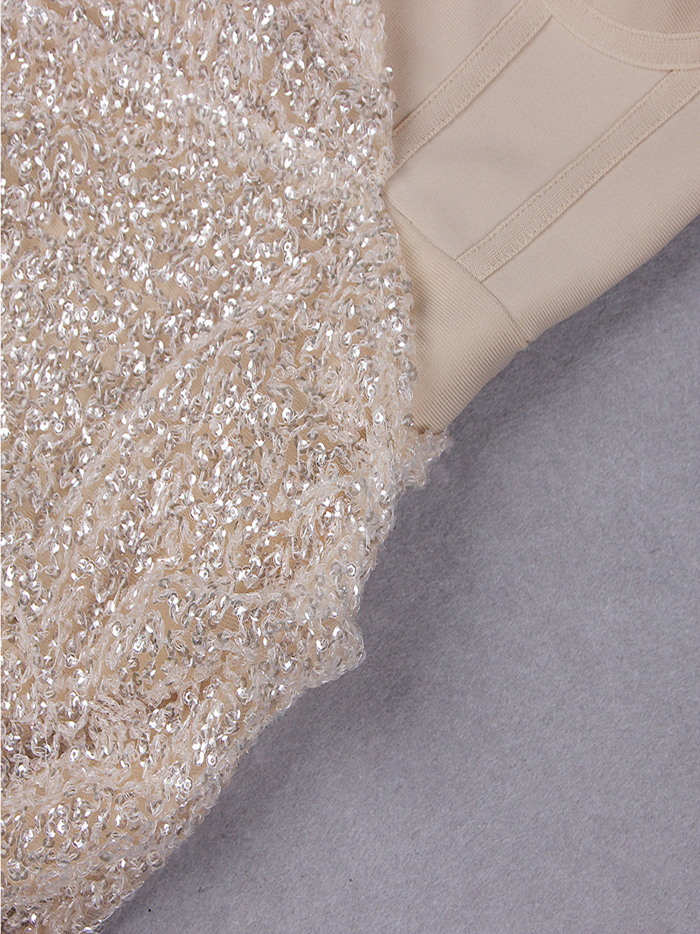 Sequin One Shoulder Long Sleeve Bodycon Mini Dress in Beige - View 14