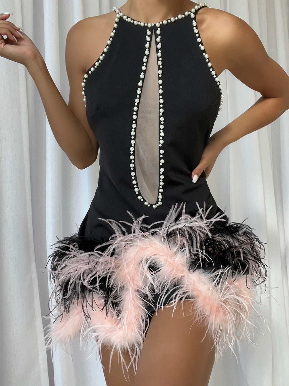 Pearl Trim Halter Neck Mesh Cut Out Feather Fringe Bodycon Mini Dress - View 4