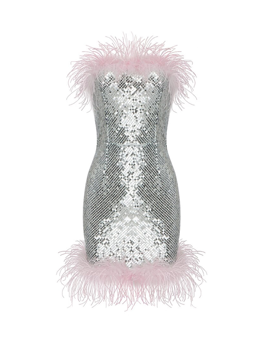 Sequin Strapless Feather Trim Bodycon Mini Dress in Silver