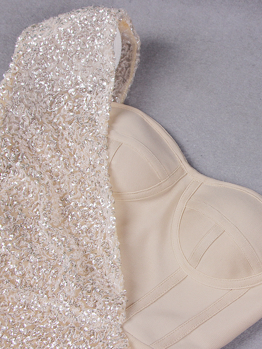 Sequin One Shoulder Long Sleeve Bodycon Mini Dress in Beige - View 13