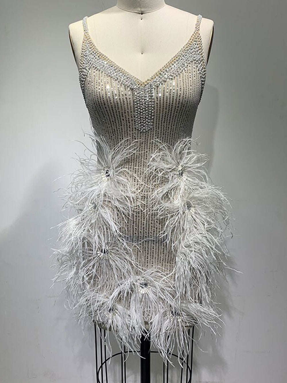 Spaghetti Strap Deep V-Neck Sequin Feather Burst Mini Dress - View 8