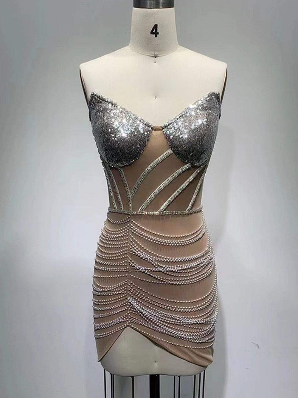 Sequin Strapless Sheer Corset Pearl Beaded Mini Dress - View 10