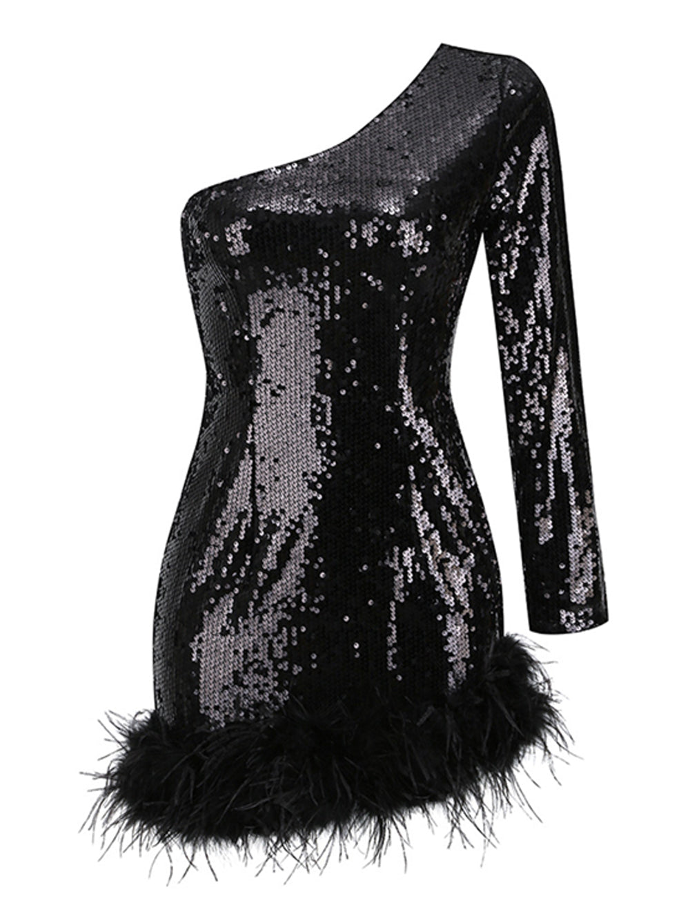 Sequin One Shoulder Long Sleeve Feather Trim Bodycon Mini Dress - View 4