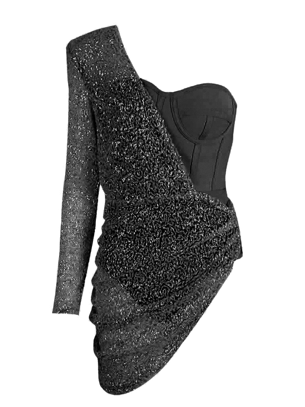 Sequin One Shoulder Long Sleeve Bodycon Mini Dress in Beige - View 6
