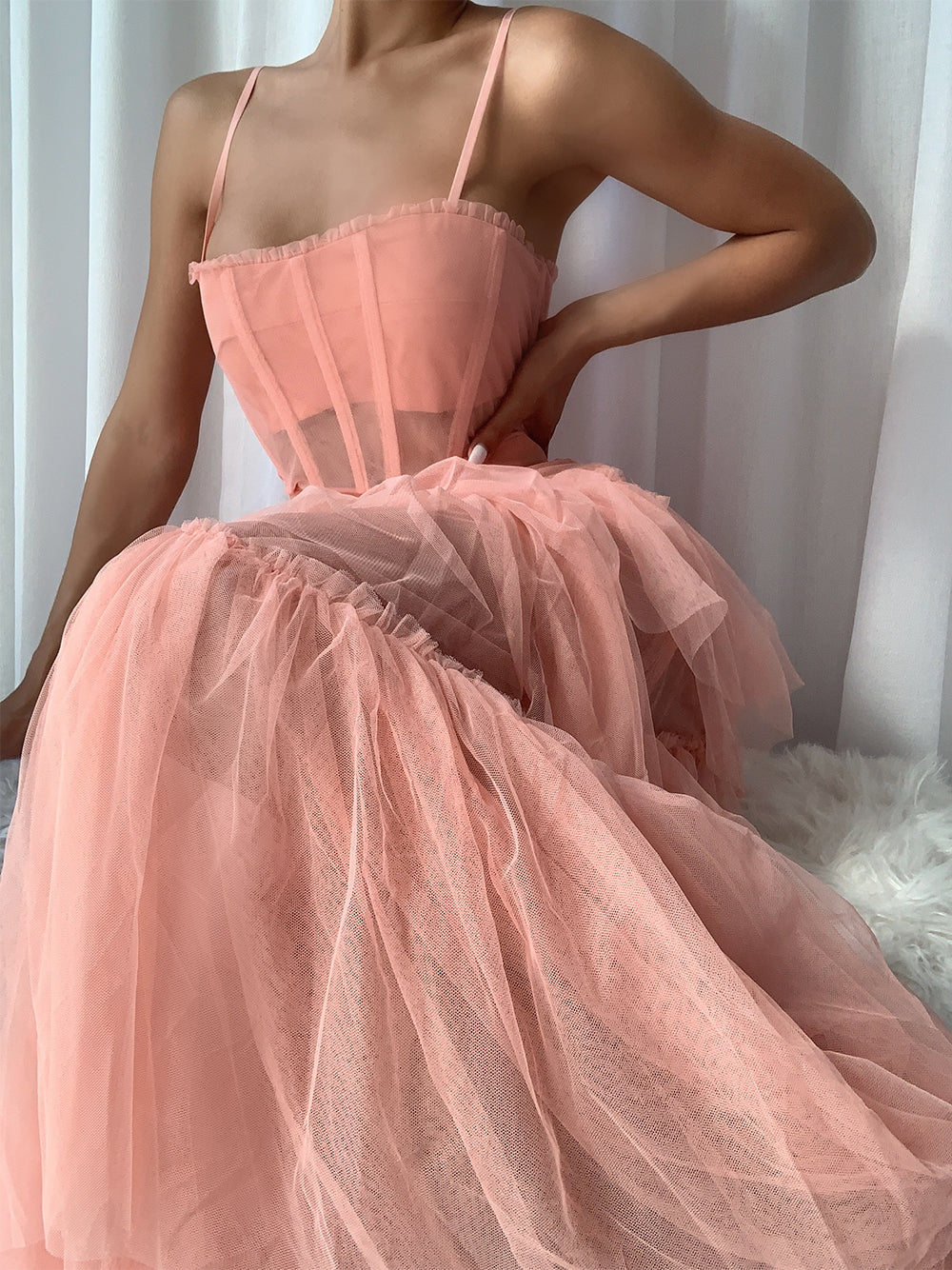 Tulle Spaghetti Strap Corset Boned Bodice Diagonal Tier Maxi Gown - View 5