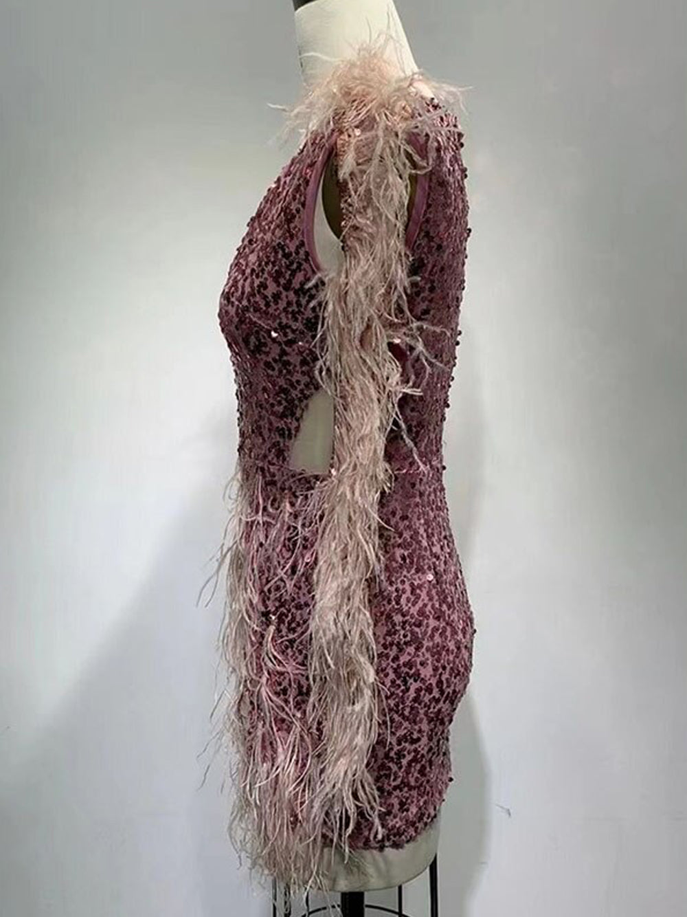 Sequin Deep V-Neck Feather Trim Long Sleeve Cut Out Mini Dress - View 10