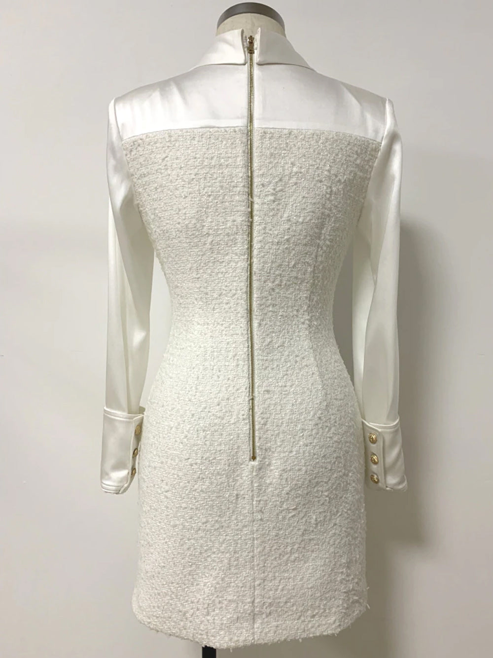 Tweed Overlay Shirt Collar Long Sleeve Button Front Mini Dress - View 5