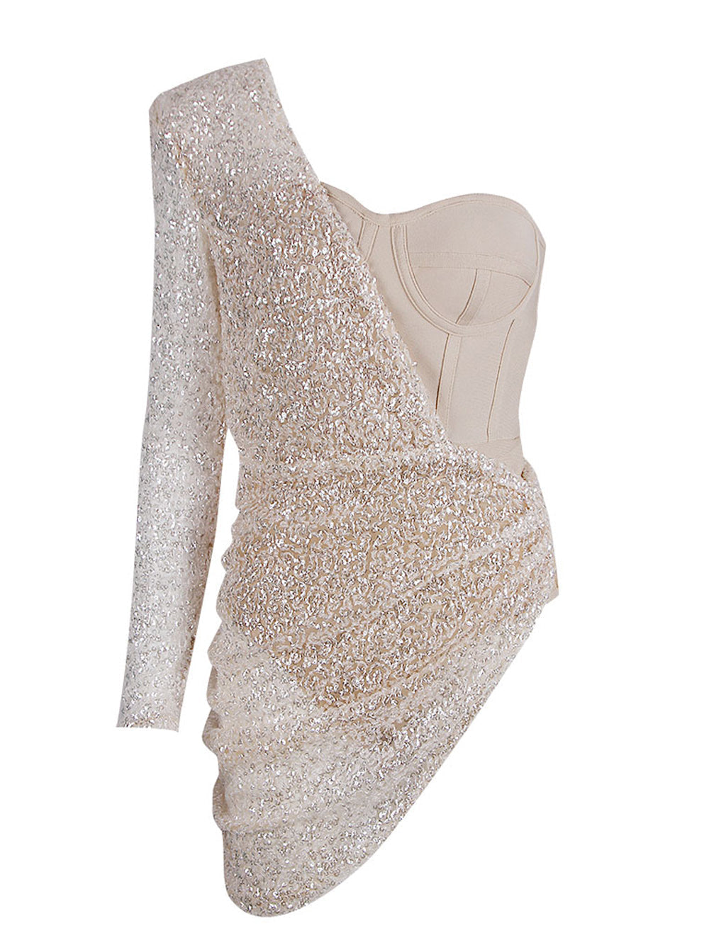 Sequin One Shoulder Long Sleeve Bodycon Mini Dress in Beige - View 4