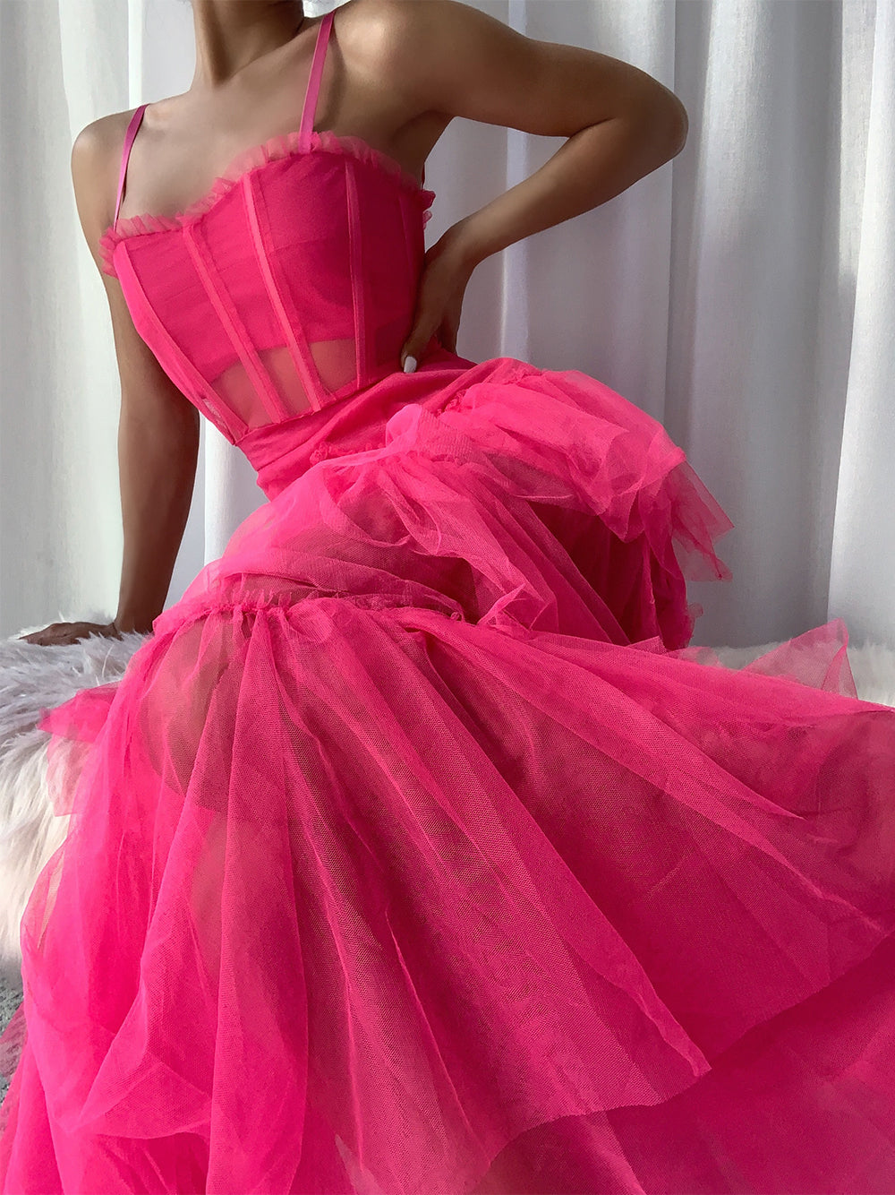 Tulle Corset Bodice Sweetheart Spaghetti Strap Tiered Ruffle Maxi Gown - View 2