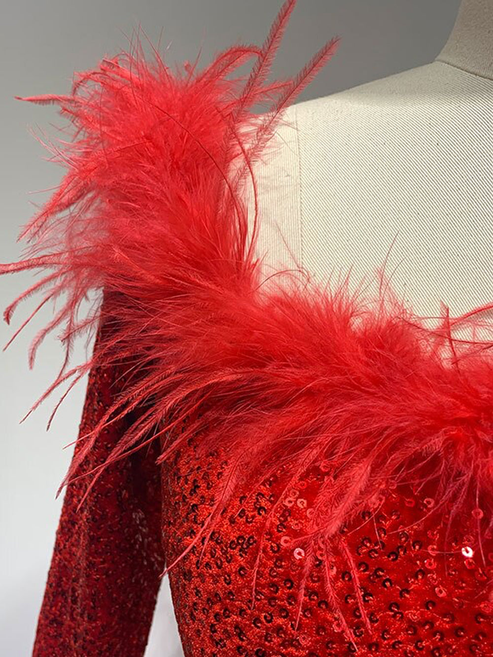 Sequin Off Shoulder Feather Trim Long Sleeve Bodycon Mini Dress - View 11