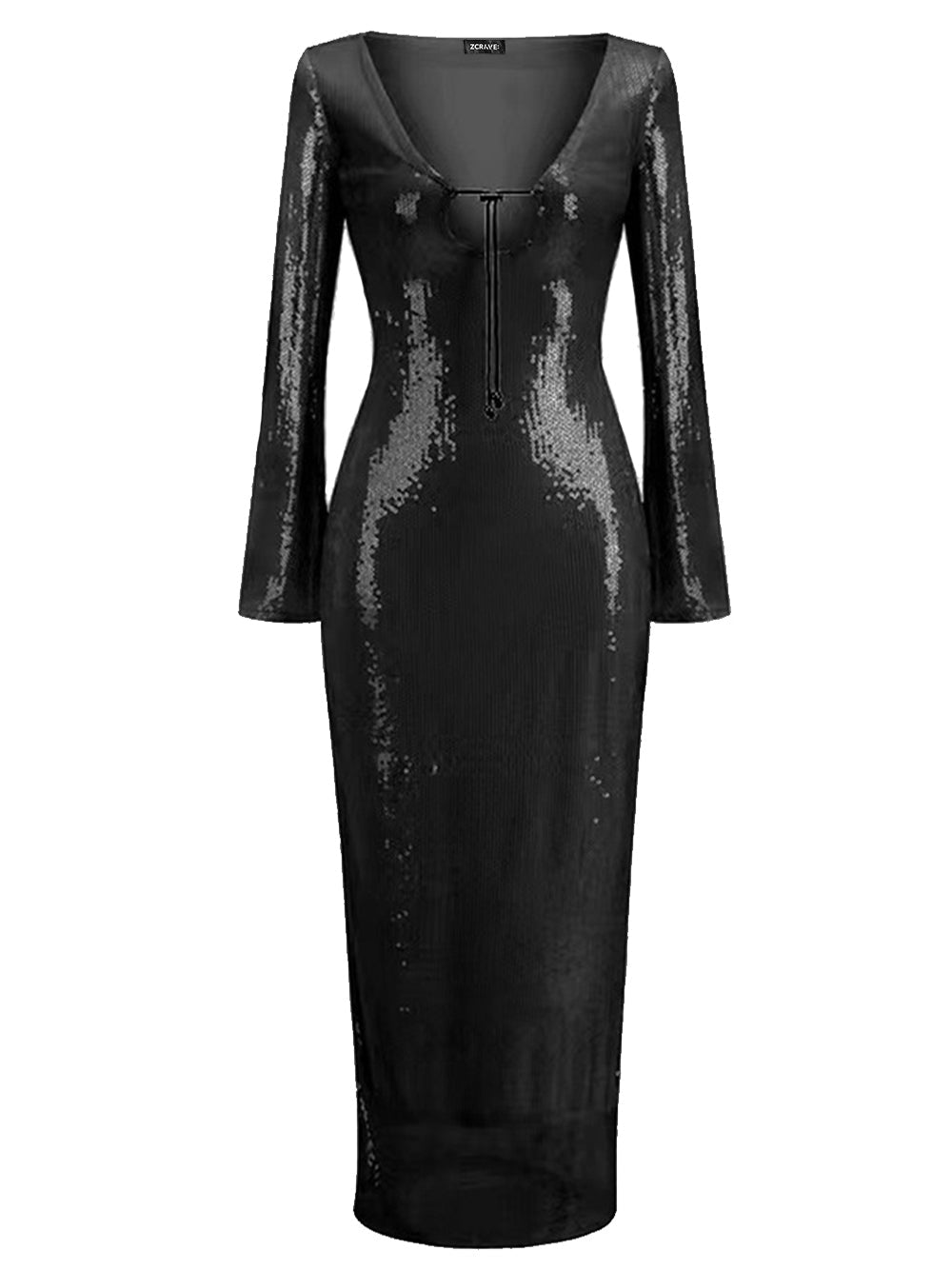 Sequin Deep V-Neck Tie Front Keyhole Long Sleeve Bodycon Maxi Gown - View 4