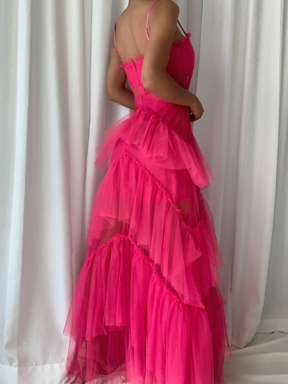 Tulle Corset Bodice Sweetheart Spaghetti Strap Tiered Ruffle Maxi Gown - View 3