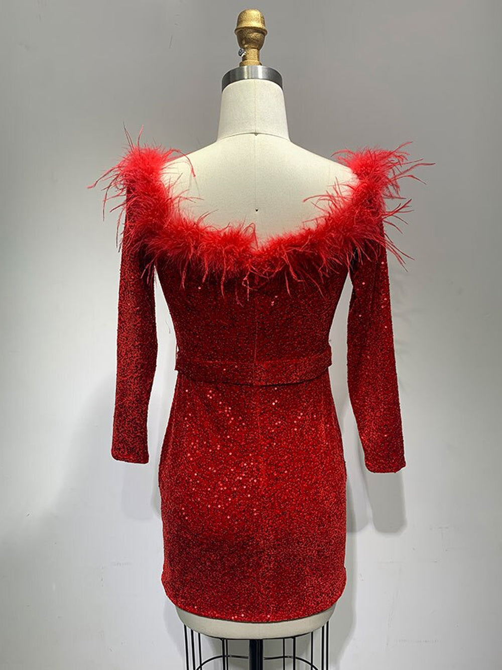 Sequin Off Shoulder Feather Trim Long Sleeve Bodycon Mini Dress - View 9