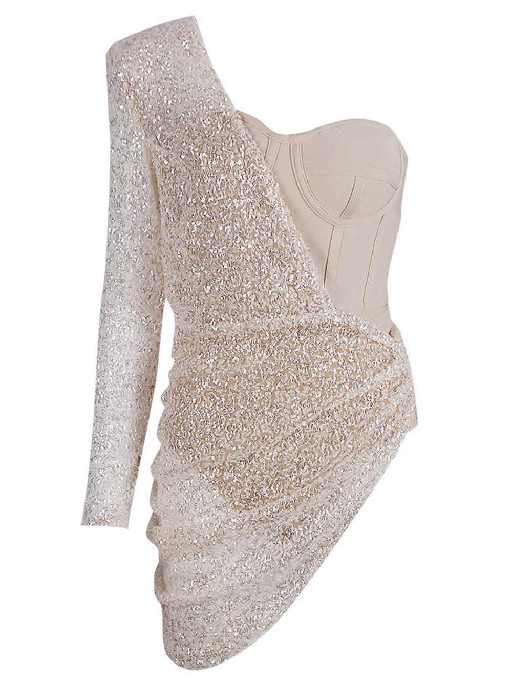 Sequin One Shoulder Long Sleeve Bodycon Mini Dress in Beige - View 22