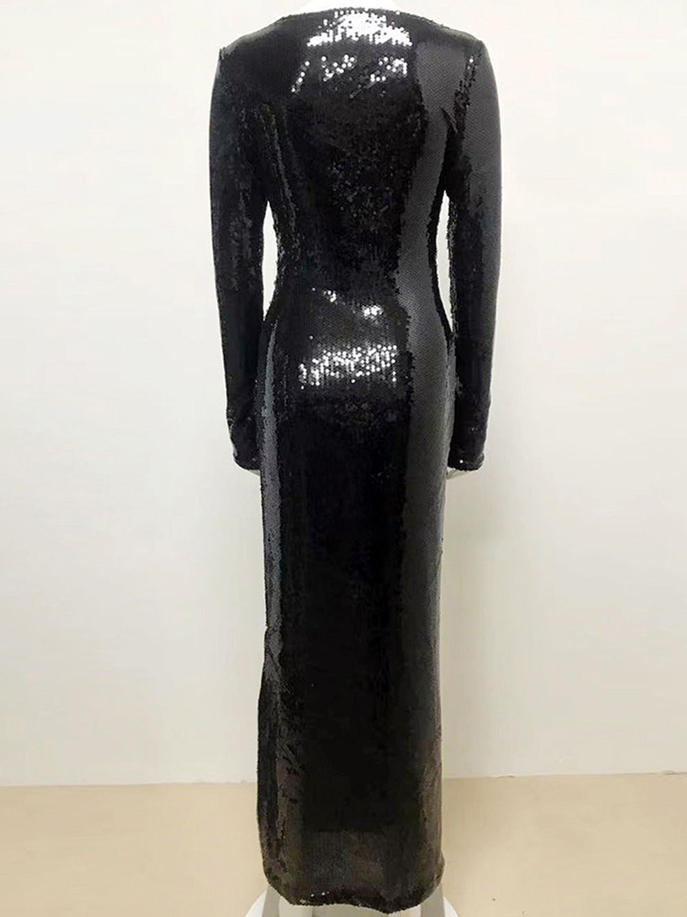 Sequin Deep V-Neck Tie Front Keyhole Long Sleeve Bodycon Maxi Gown - View 8