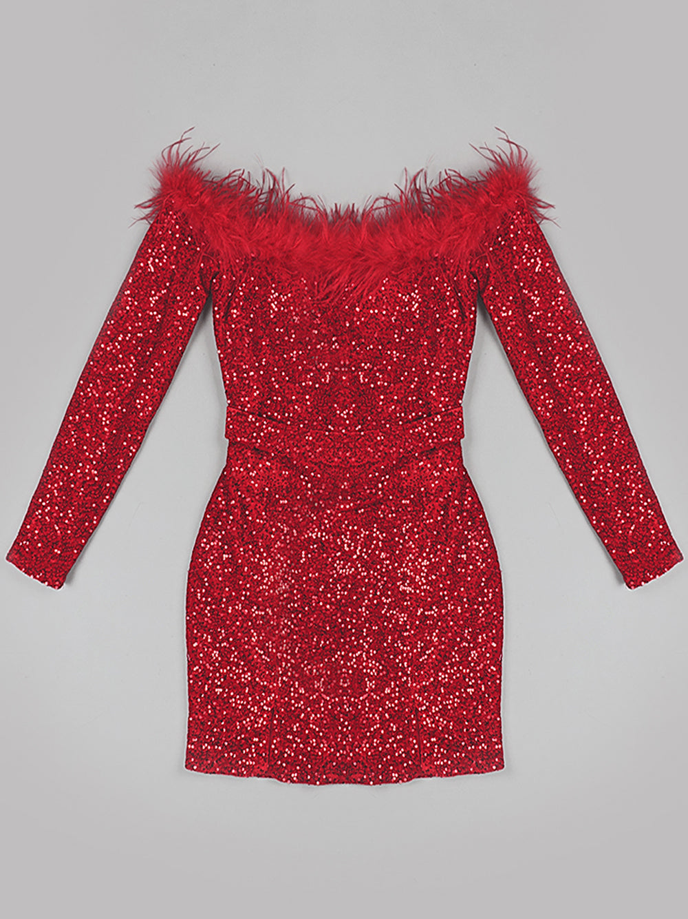 Sequin Off Shoulder Feather Trim Long Sleeve Bodycon Mini Dress - View 5