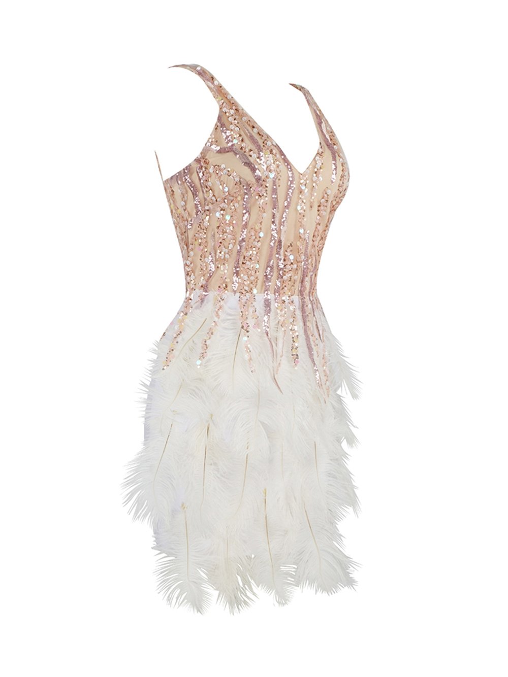 Sequin Mesh Deep V-Neck Feather Tier Bodycon Mini Dress - View 9
