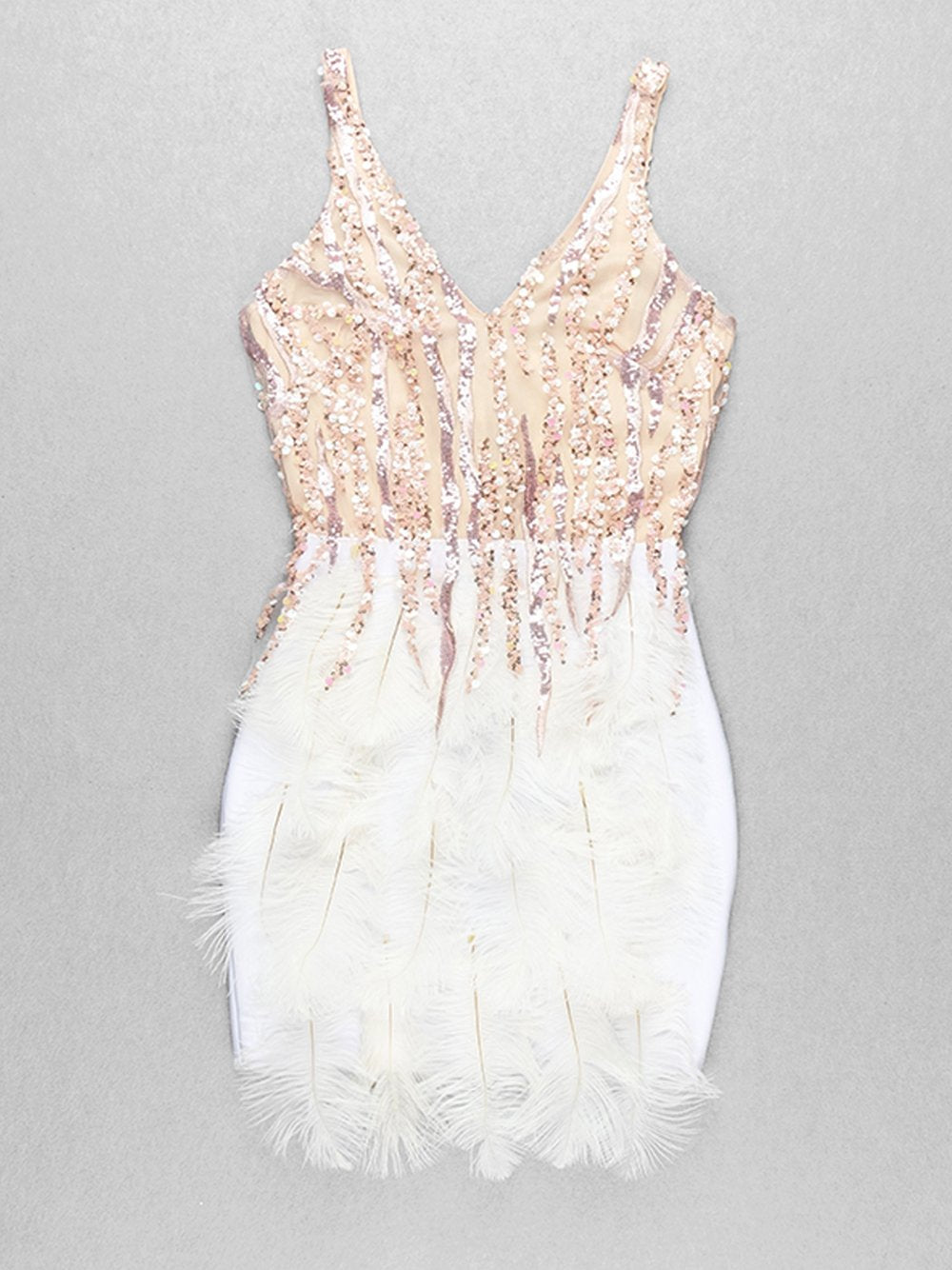 Sequin Mesh Deep V-Neck Feather Tier Bodycon Mini Dress - View 10