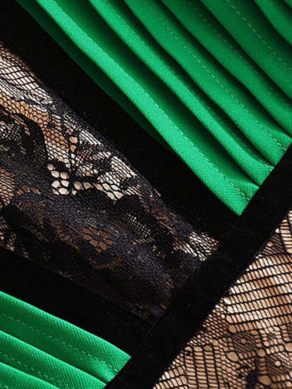 Lace & Velvet Pleated Crêpe Mini Dress in Green - View 7