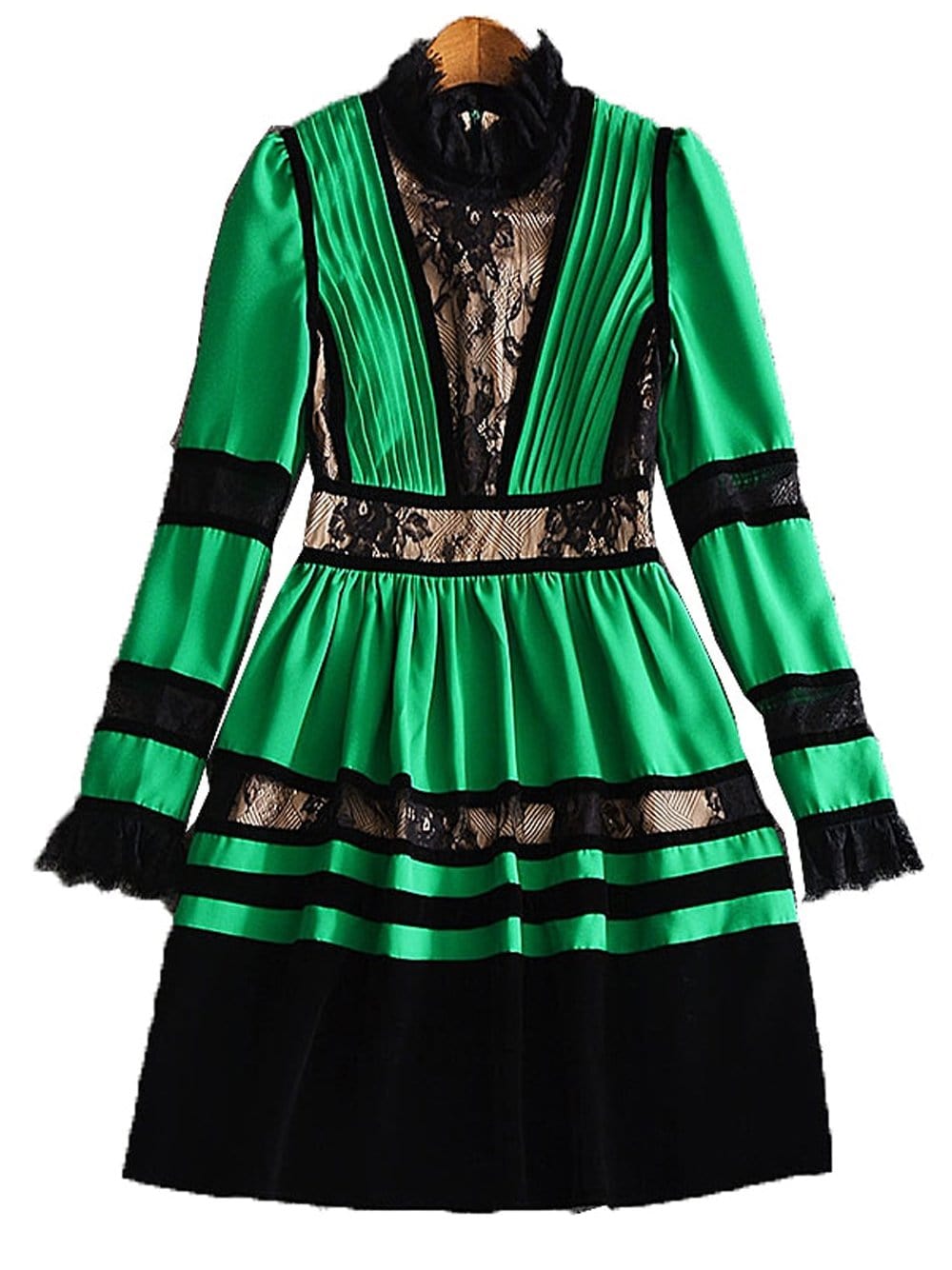 Lace & Velvet Pleated Crêpe Mini Dress in Green - View 8
