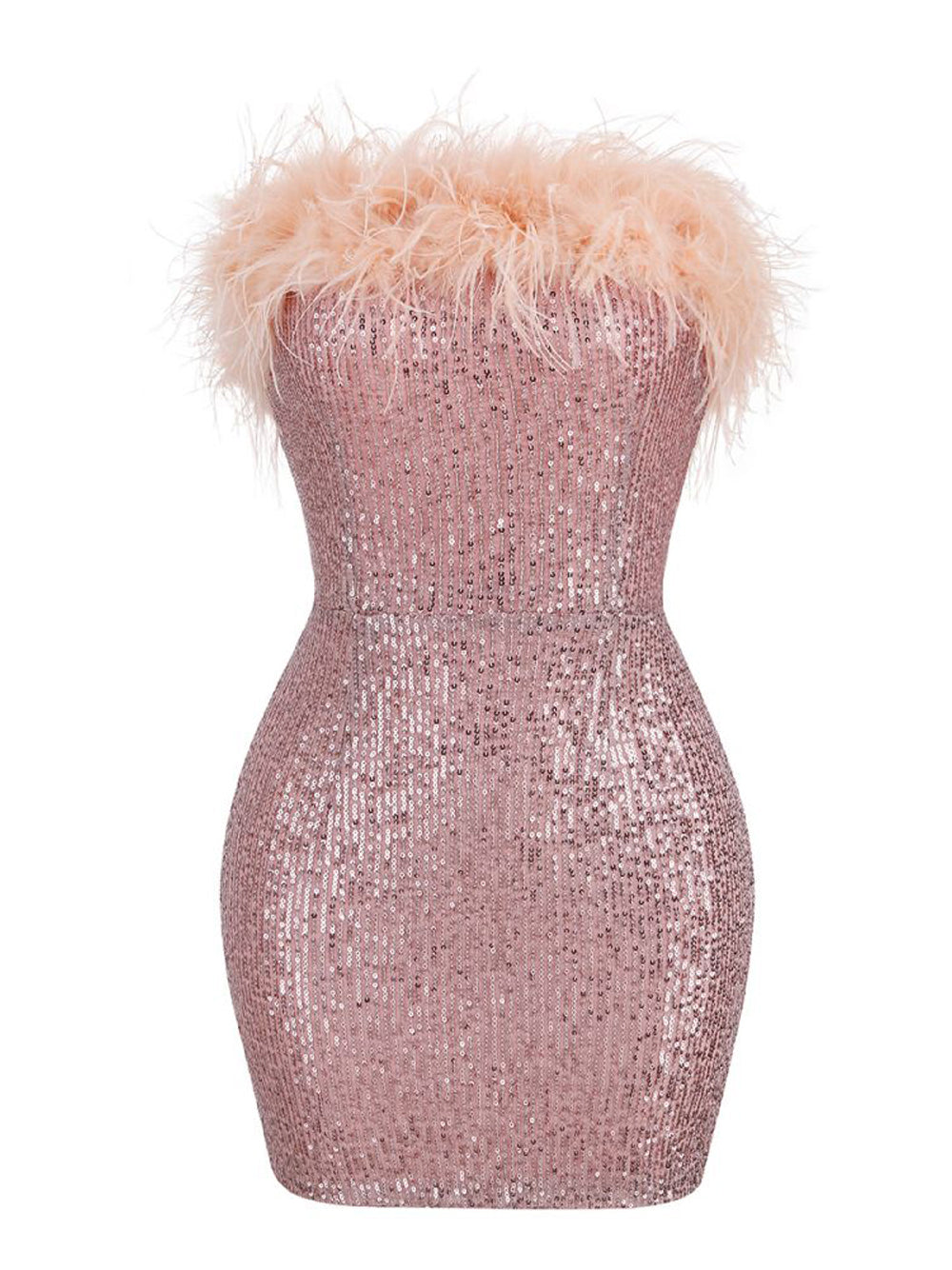 Sequin Strapless Feather Trim Bodycon Mini Dress in Pink - View 3