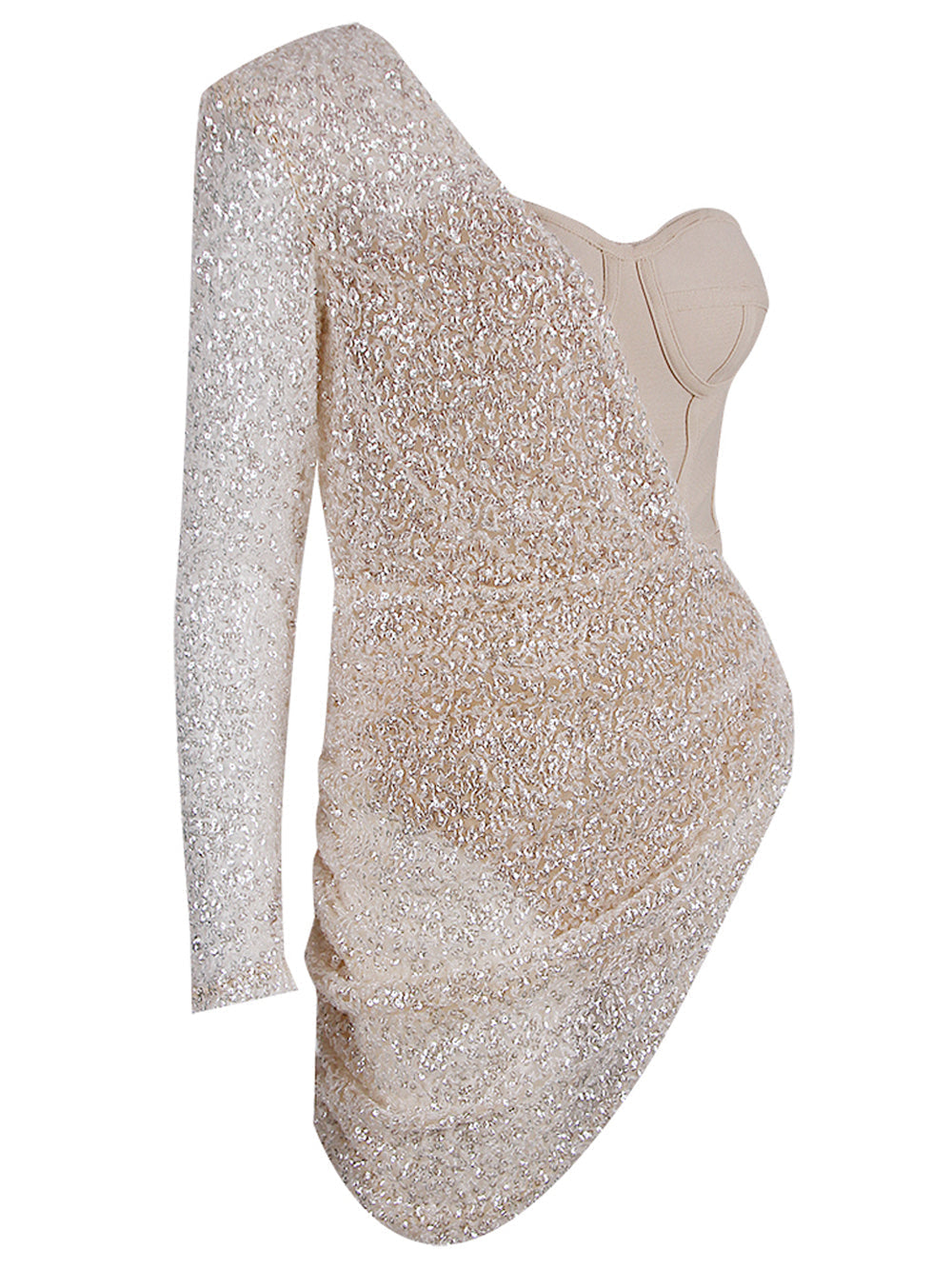 Sequin One Shoulder Long Sleeve Bodycon Mini Dress in Beige - View 23