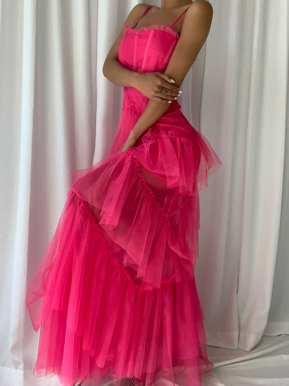 Tulle Corset Bodice Sweetheart Spaghetti Strap Tiered Ruffle Maxi Gown - View 4