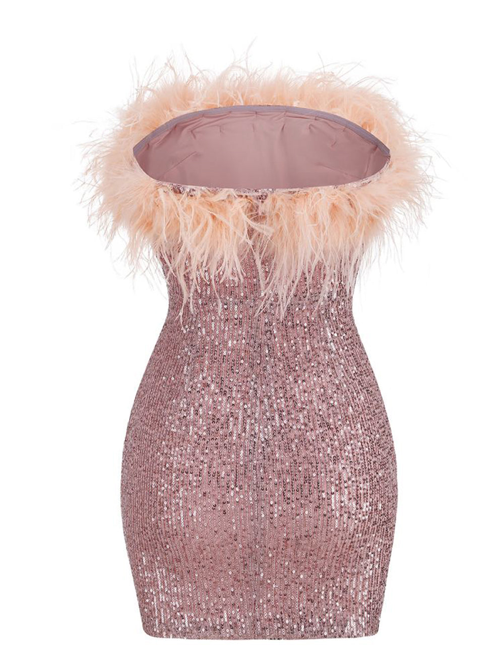 Sequin Strapless Feather Trim Bodycon Mini Dress in Pink - View 4