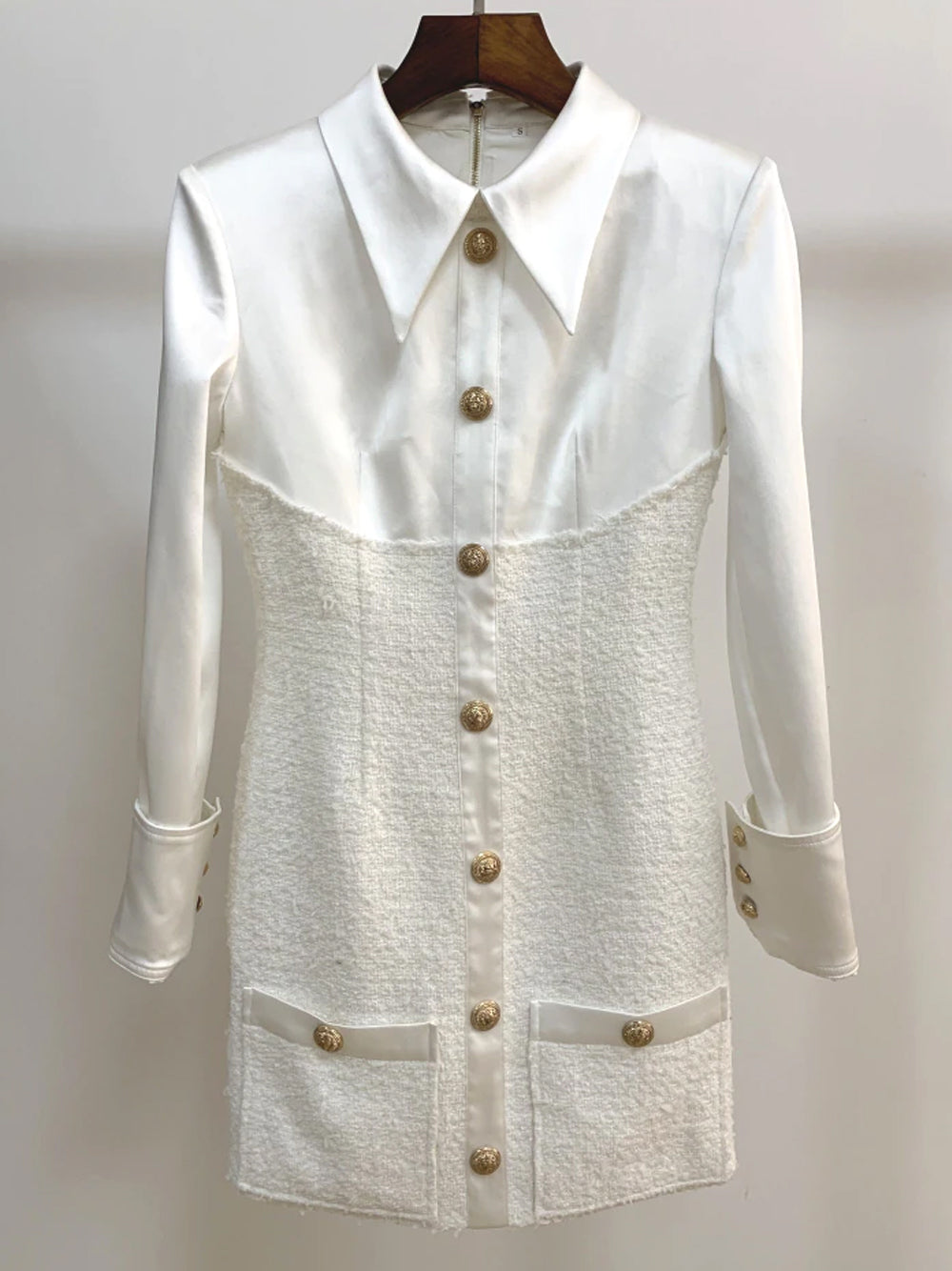 Tweed Overlay Shirt Collar Long Sleeve Button Front Mini Dress - View 9