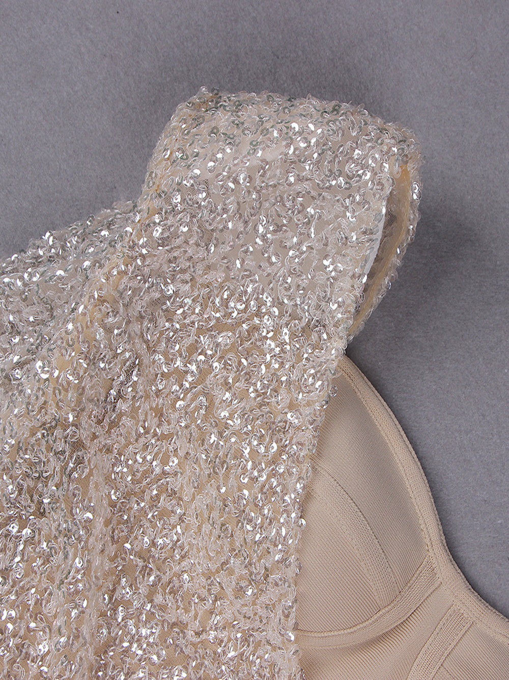 Sequin One Shoulder Long Sleeve Bodycon Mini Dress in Beige - View 18