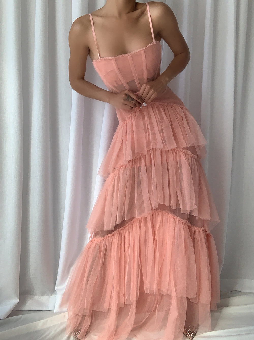 Tulle Spaghetti Strap Corset Boned Bodice Diagonal Tier Maxi Gown - View 4