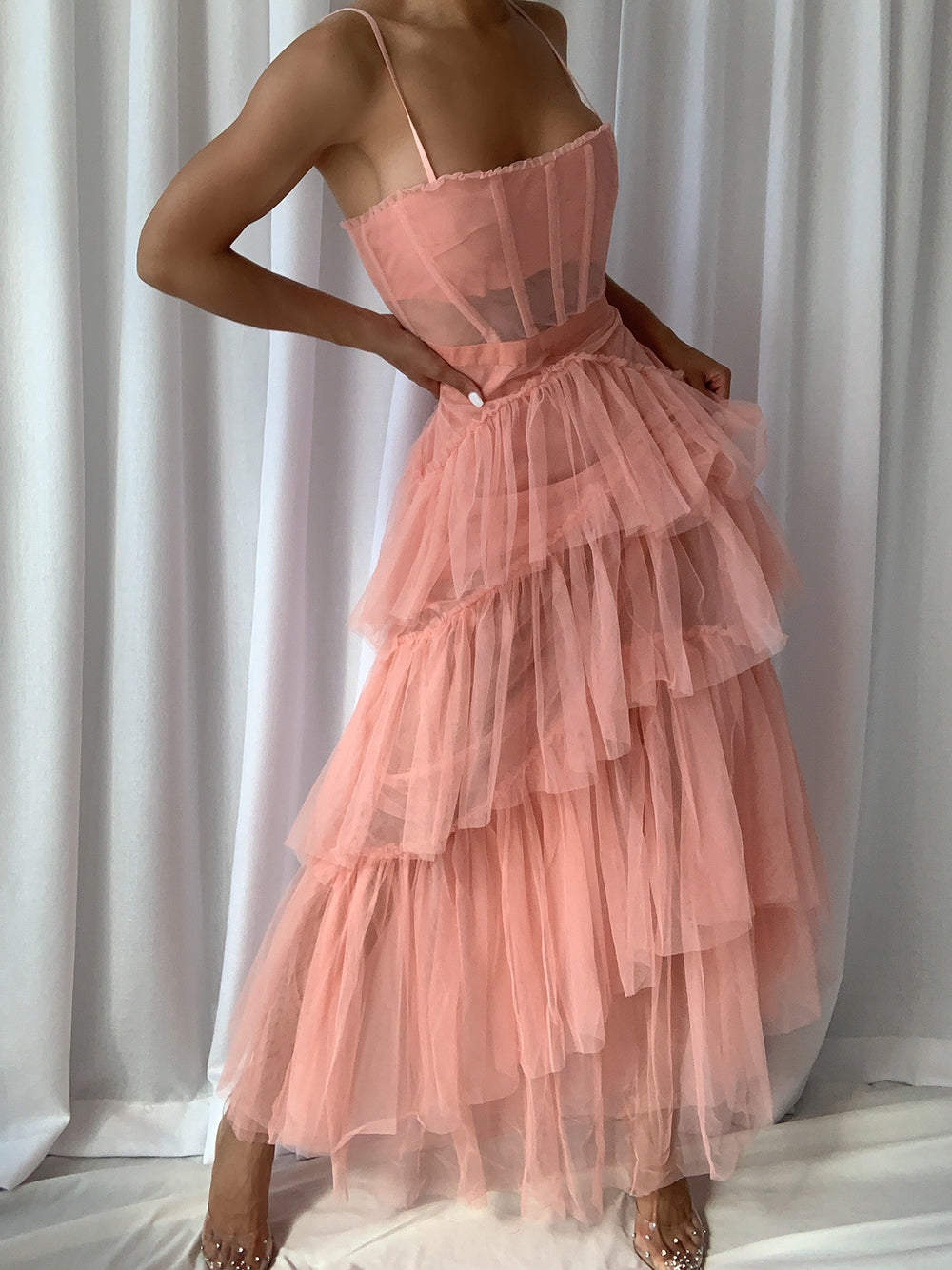 Tulle Spaghetti Strap Corset Boned Bodice Diagonal Tier Maxi Gown - View 3