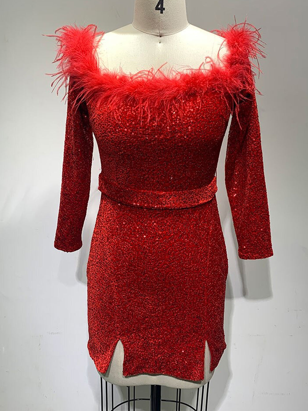 Sequin Off Shoulder Feather Trim Long Sleeve Bodycon Mini Dress - View 8