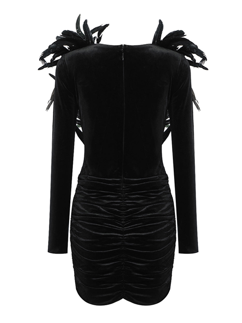 Velvet Deep V-Neck Long Sleeve Feather Bodice Ruched Mini Dress - View 2