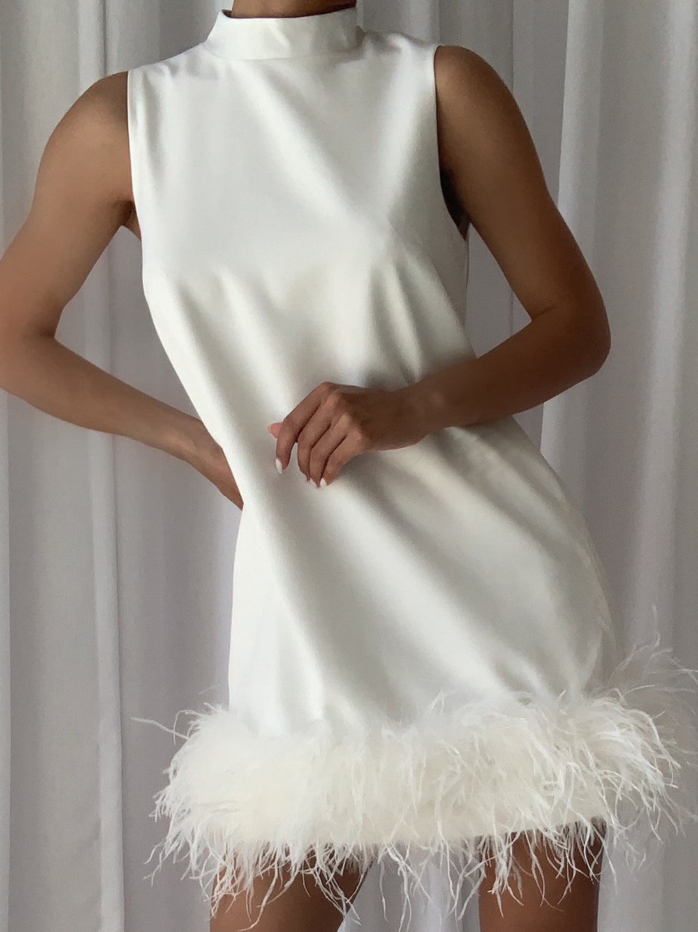 Sleeveless High Neck Feather Hem Shift Mini Dress - View 2