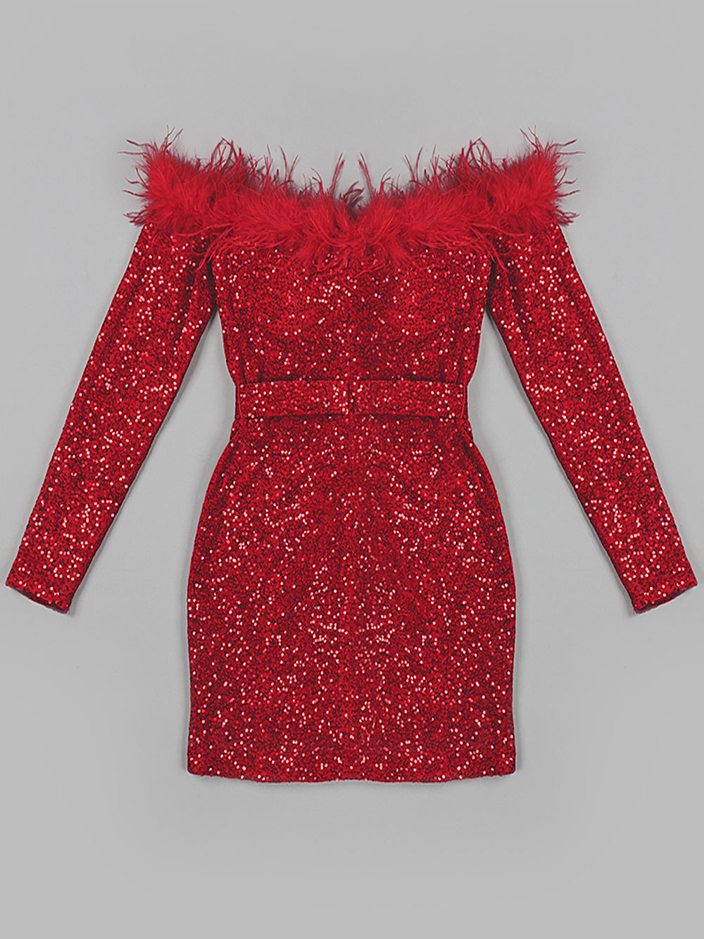 Sequin Off Shoulder Feather Trim Long Sleeve Bodycon Mini Dress - View 6