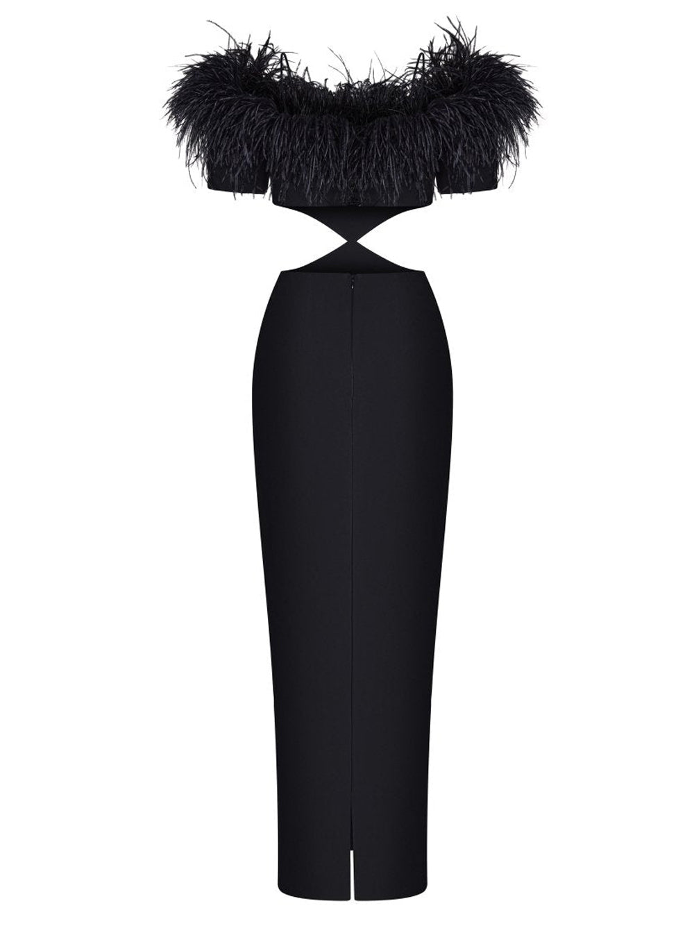 Feather Trim Off Shoulder Waist Cut Out Bodycon Maxi Gown - View 2
