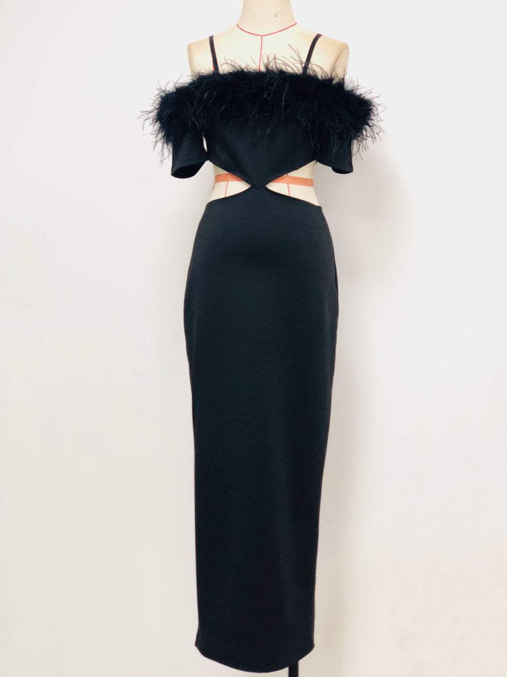 Feather Trim Off Shoulder Waist Cut Out Bodycon Maxi Gown - View 4