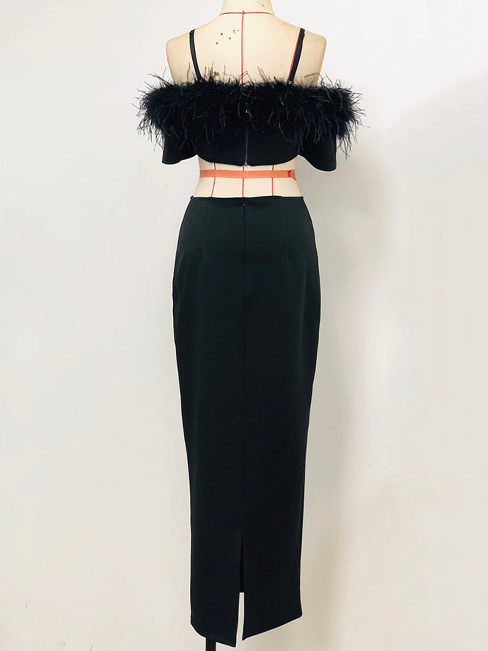 Feather Trim Off Shoulder Waist Cut Out Bodycon Maxi Gown - View 5