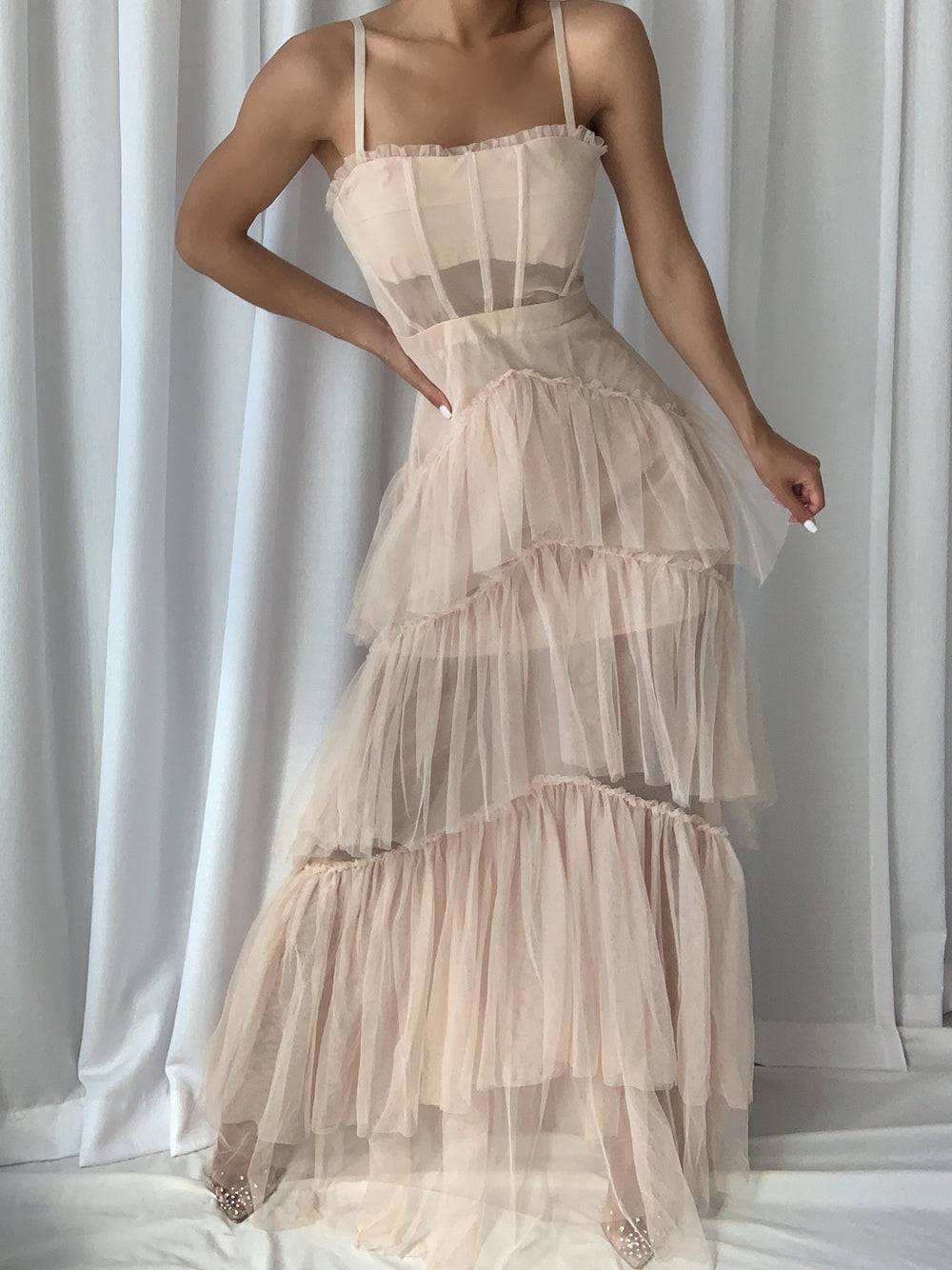 Tulle Corset Bodice Chevron Tiered Ruffle Spaghetti Strap Maxi Gown - View 5