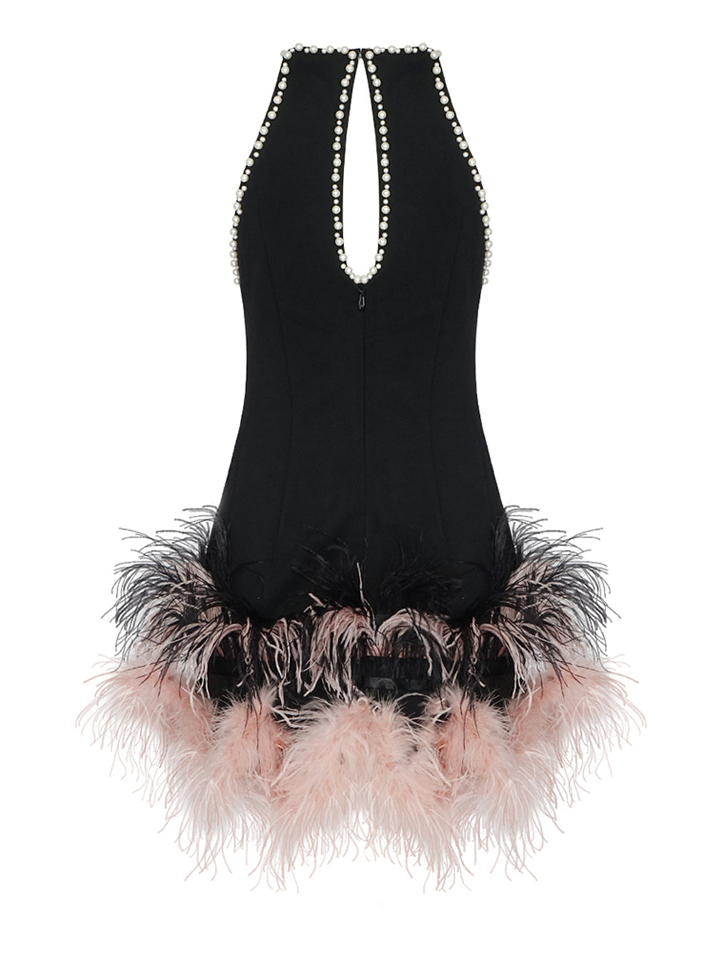 Pearl Trim Halter Neck Mesh Cut Out Feather Fringe Bodycon Mini Dress - View 5